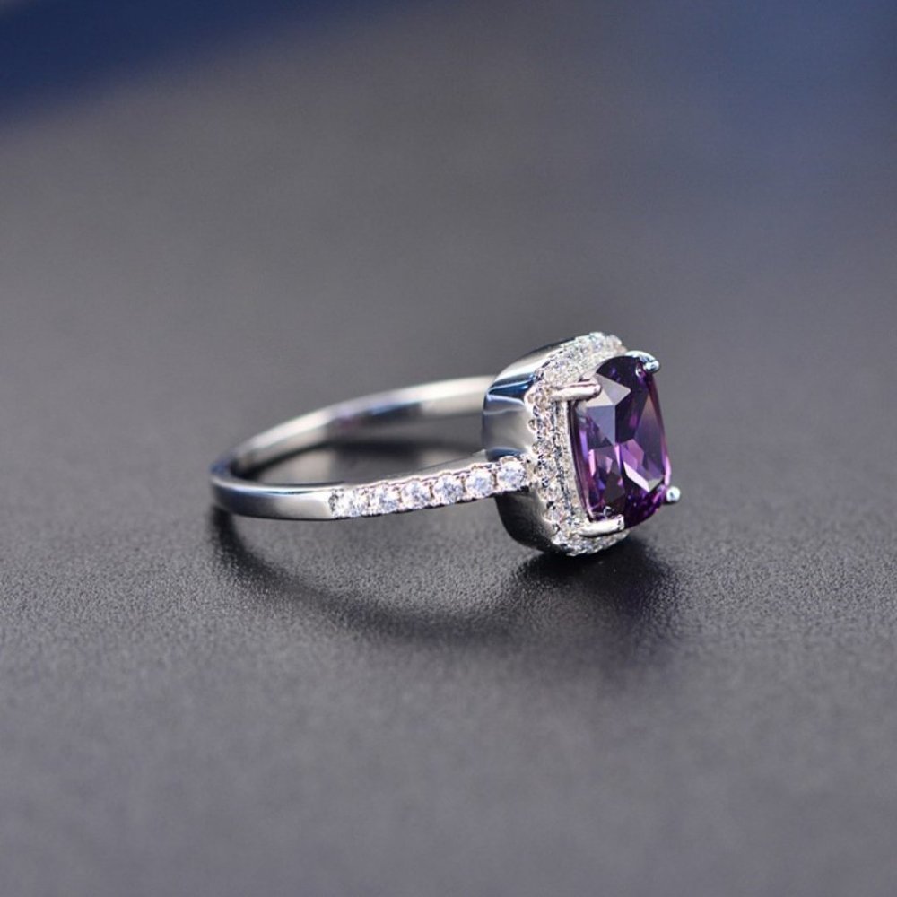 Purple Amethyst Rectangular Halo 925 Silver Ring - Picture 3 of 4